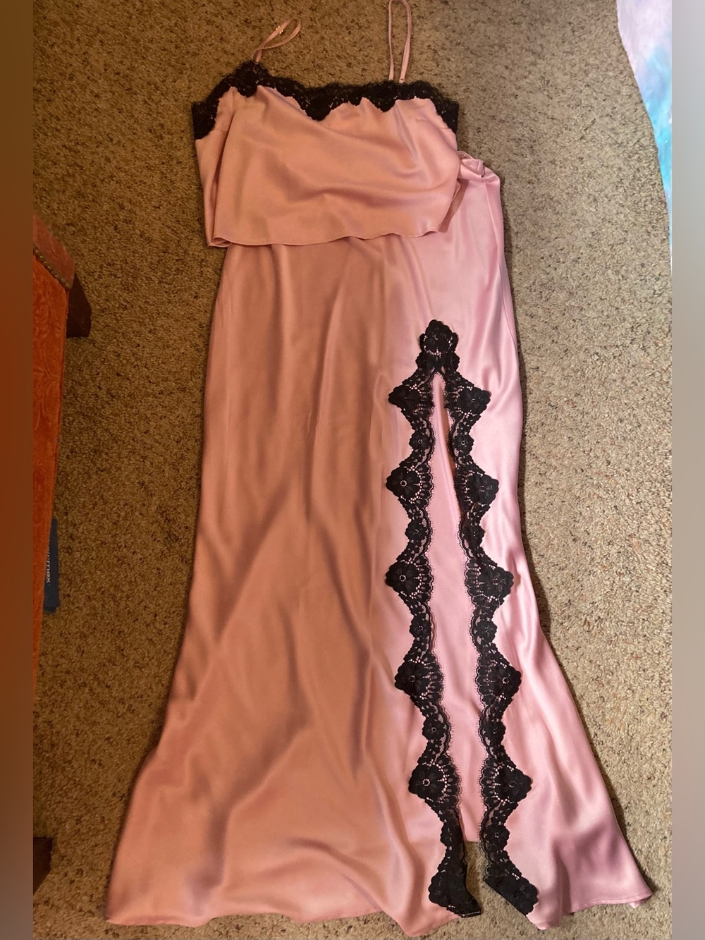 Victoria’s Secret 2 piece satin slit maxi skirt & flowy crop top set with lace